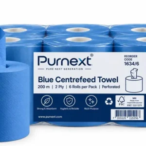 Purnext Blue Centrefeed Towel six-roll pack, 200 m, 2 ply, perforated, with a single roll in front