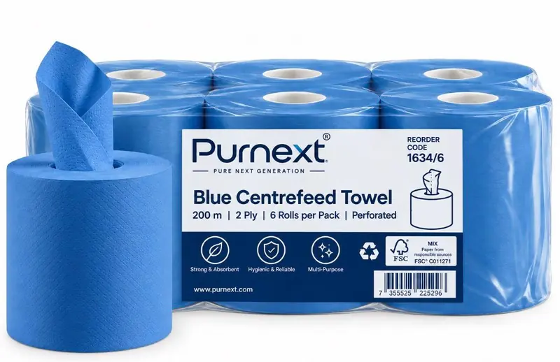 Purnext Blue Centrefeed Towel six-roll pack, 200 m, 2 ply, perforated, with a single roll in front