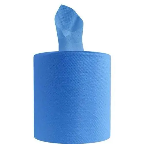 Purnext blue centrefeed towel roll with the sheet pulled up from the centre