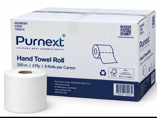 Purnext Hand Towel Roll carton, 6 rolls of 200 m 2-ply, with a single roll towel in front