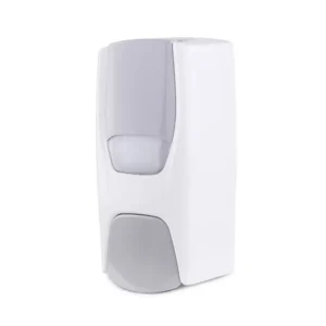 Purnext W220M manual soap dispenser in white with grey push panel and top level window, front three-quarter view