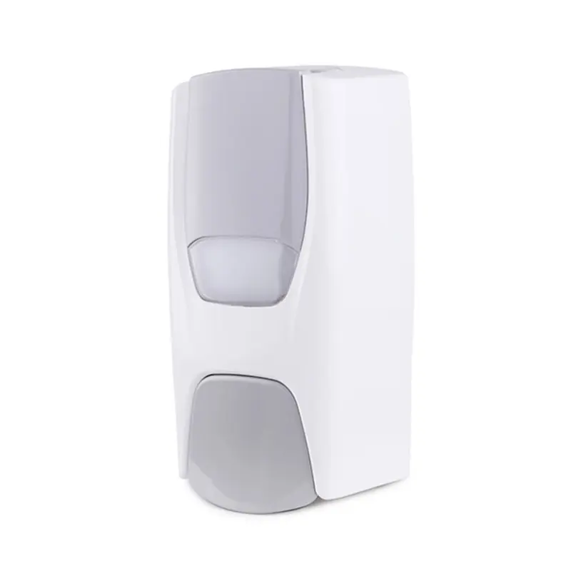 Purnext W220M manual soap dispenser in white with grey push panel and top level window, front three-quarter view