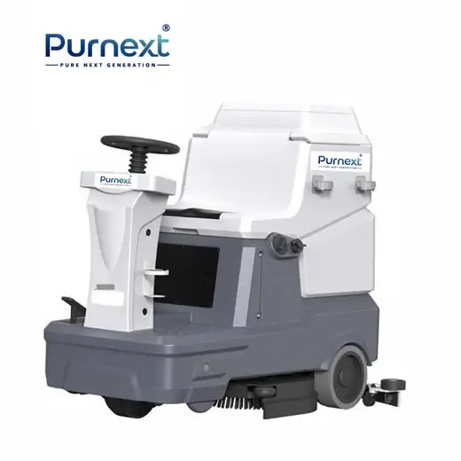 Purnext ride-on floor scrubber with double brush deck, three-quarter view