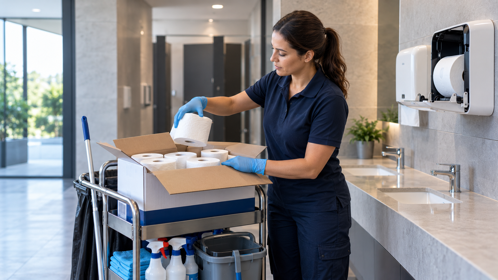 Purnext cleaner taking a pack of toilet tissue from a Purnext carton while restocking a washroom