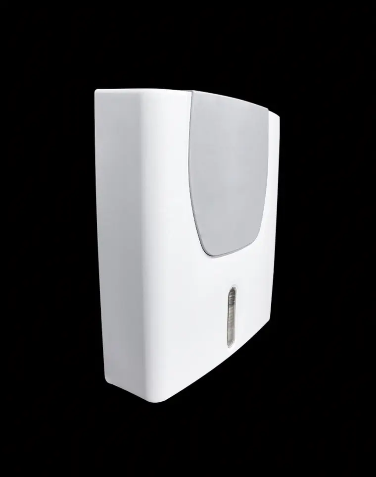 Purnext maxi multi fold hand towel dispenser, angled side view