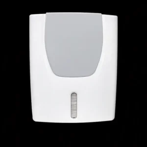 Purnext maxi multifold hand towel dispenser in white with a grey front panel and a slim dispensing slot at the base