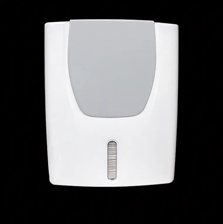 Purnext maxi multifold hand towel dispenser in white with a grey front panel and a slim dispensing slot at the base